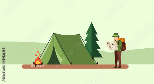 Adventurous Camper Exploring Wilderness Location Near The Campsite With Map Illustration