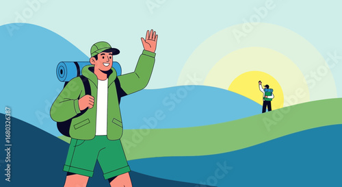 Adventurous Trekkers Explore the Mountains Embracing Sunrise and Celebrating the Journey