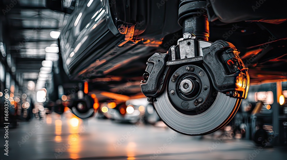 Fototapeta premium Close-up View of Car Brake System in Automotive Workshop with Blurred Background and Dramatic Lighting Effects