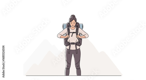 Adventurous Woman Adjusting Her Backpack, Ready For A Mountain Trekking Journey