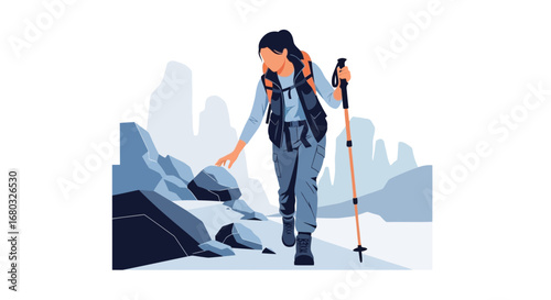 Adventurous Woman Experiences Mountain Trail in Vivid, Modern, And Scenic Excursion