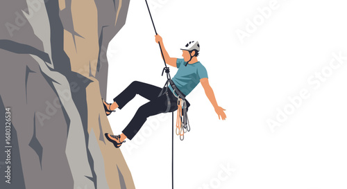 Adventurous Climber Ascending A Granite Cliff Face Securely And Safely With Rope
