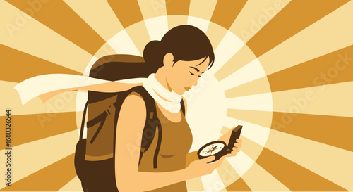Adventurous Woman Exploring, Navigating Exploration Using A Compass, Seeking Direction