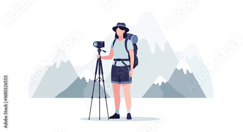 Adventurous Woman Capturing Scenic Mountain Views with Camera Photography and Backpack