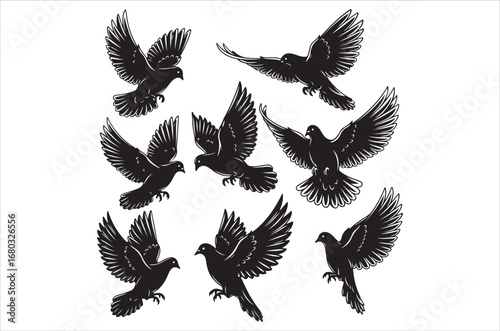 Birds silhouette vector file bundle isolated on white background, Romantic Bird Silhouette Vector Bundle, Lovebirds, Doves, Hearts, Wedding Birds, illustration, icon, retro.
