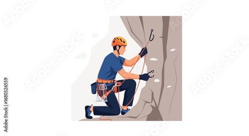 Adventurous Climber Ascending a Rock Face, Braving Risks with Rigorous Safety Measures