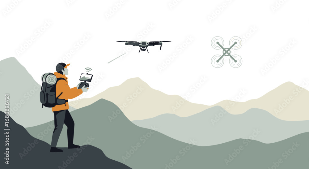 Obraz premium Aerial Exploration: A Hiker Controls a Drone to Capture Mountain Scenery