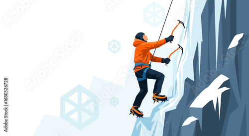 Adventurous Climber Ascending Icy Cliff Face Using Ice Axes and Mountaineering Equipment