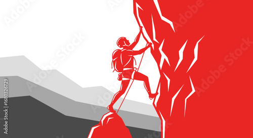 Adventurous Climber Ascending Mountain Cliff Face, Courage and Determination Personified