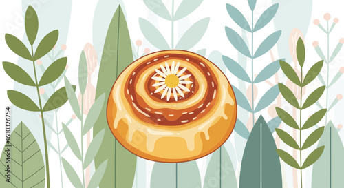 Aesthetic illustration of a cinnamon roll with a daisy amidst plant-like designs