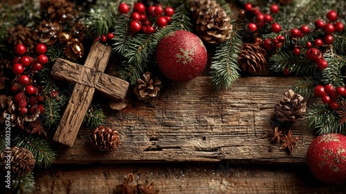 Christmas Rustic Ambiance: A rustic wooden cross rests amid festive Christmas embellishments of pine cones, bright red berries, and verdant pine branches. Generative Ai
