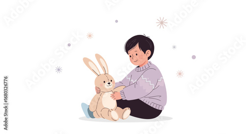 Affectionate Boy Cuddles Bunny Plush Toy In A Serene And Calming Winter Scene