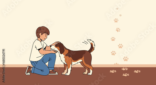Affectionate Connection: A Boy Comforts a Friendly Canine Pet and Leaves Paw Prints