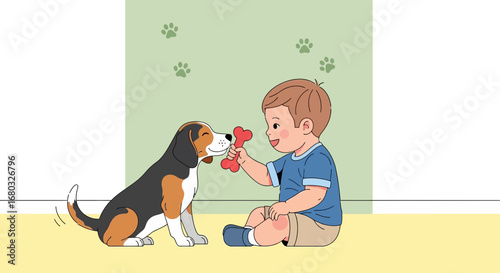 Affectionate Child Giving Bone Treat To Adorable Spotty Beagle Dog, Simple Illustration