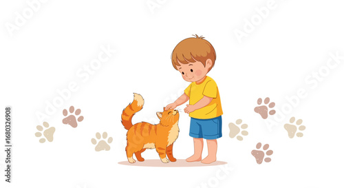 Affectionate Young Boy Interacts With A Playful Cat In A Delightful Cartoon Illustration