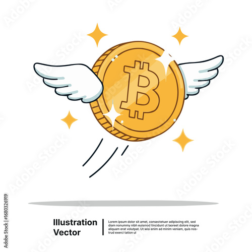 Bitcoin Soaring A Cartoon Illustration of Cryptocurrency Flying High with Angel Wings and Gleam