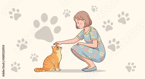 Affectionate Moment: Woman Tenderly Petting Adorable, Orange Cat with Charming Pawprints