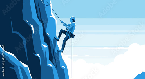 Adventurous Climber Ascending Stark Cliff Face in Blue Tones Against Dreamy Sky
