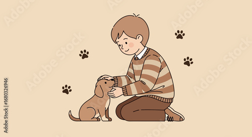 Affectionate Young Boy Petting Friendly Puppy, Creating Bond in Minimalist Illustration,