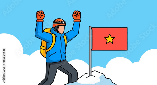 Alpinist Celebrating Victory Atop Mountain, Symbolizing Triumph and Achieving Altitude