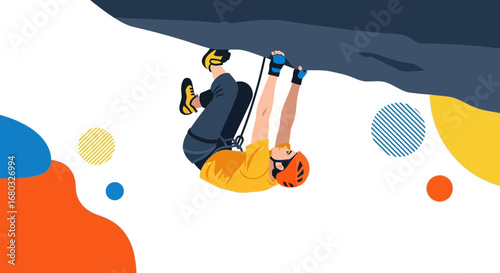 Adventurous Climber Ascending Upside Down a Rocky Surface in Vibrant illustration Style