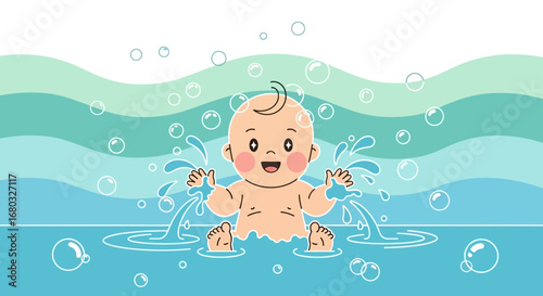 An adorable baby is enjoying a bath with bubbles and playing with water in happiness
