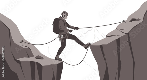 Adventurous Climber Bravely Traversing a Mountainous Chasm with Ropes for Safety