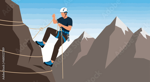 Adventurous Climber Descending a Cliff Face in Mountainous High Altitude Landscape Scene