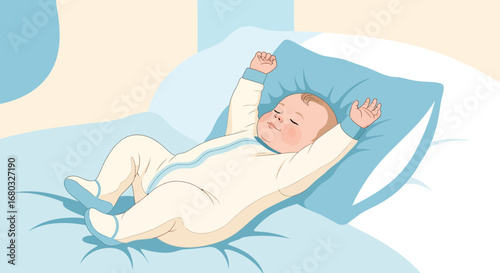 An adorable baby stretching and waking up in a cartoon illustration happily