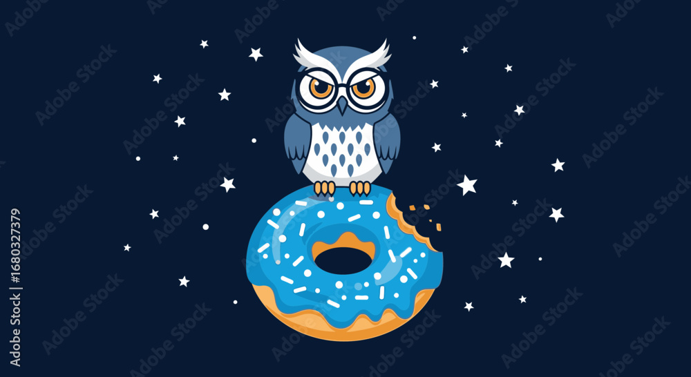 Fototapeta premium An Adorable Owl Wearing Glasses Perched on a Delicious Donut with Some Stars