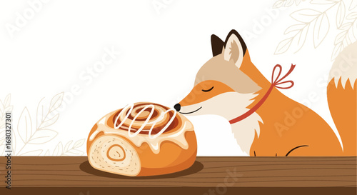 An Adorable Cartoon Fox Enjoying the Scent of a Delicious Cinnamon Roll
