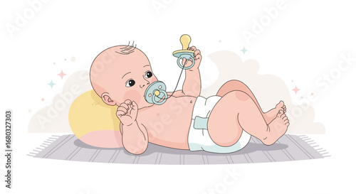 An adorable illustrated baby with a pacifier and diaper lying on the floor