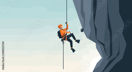 Adventurous Climber Descending a Steep Cliff Face, Achieving Great Challenges, Bold Action