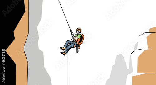 Adventurous Climber Descending a Steep Cliff Face, Engrossed in Safe Mountaineering.