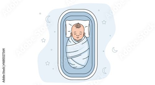 An adorable illustration of a sleeping baby wrapped in a blanket in a crib