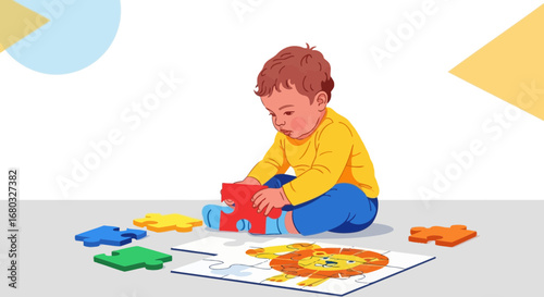 An adorable toddler playing with a puzzle on the floor to develop their cognitive skills