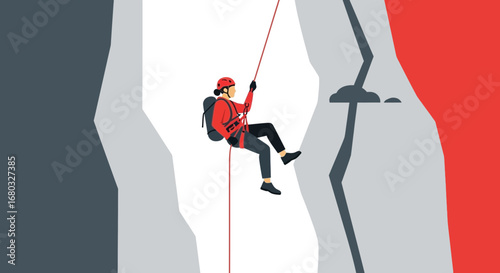 Adventurous Climber Descending Steep Cliff Face With Safety Gear And Equipment