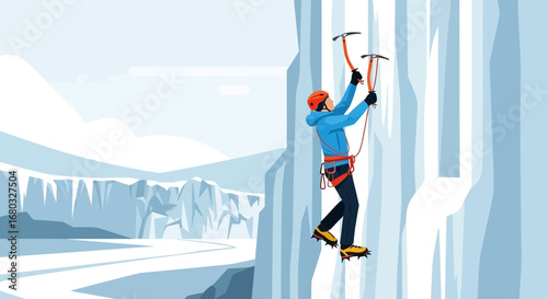 Adventurous climber in action scaling icy wall with ice axes in stunning landscape