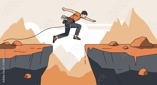 Adventurous Climber Jumps Across a Canyon in Vector Illustration