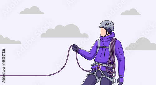 Adventurous Climber Prepared With Safety Gear Ascending Against Cloudy Abstract Background