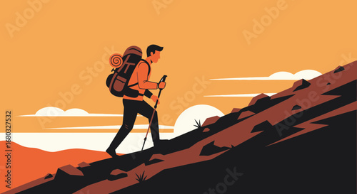 An adventurous illustration depicts a hiker climbing a mountain towards the sunset