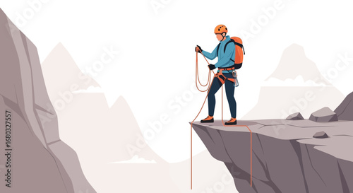 Adventurous Climber Preparing a Descent with Ropes, Mountain Climbing Vector Illustration