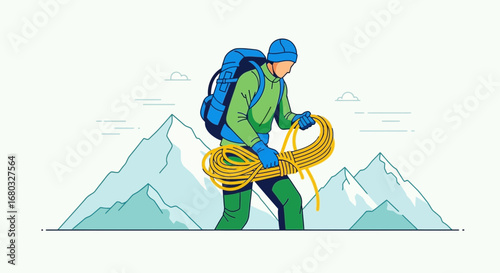 Adventurous Climber Prepares for Ascent with Climbing Gear and Stunning Mountain Backdrop