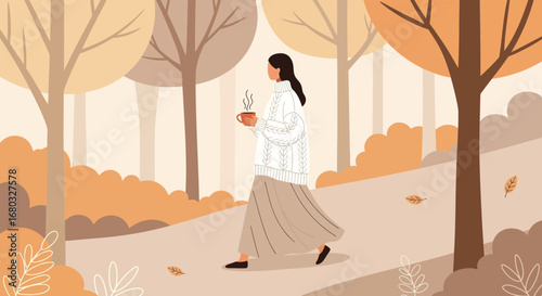 An Autumnal Stroll with a Warm Beverage Through a Serene Forest Path Experience