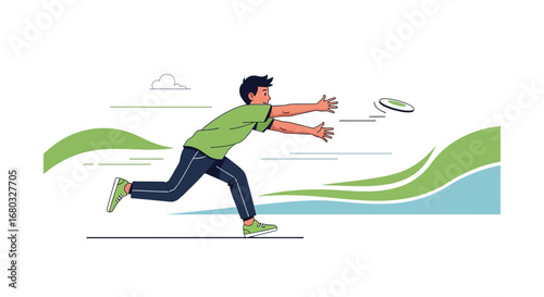 An Energetic Athlete Attempts To Grab A Frisbee Disc During Outdoor Activity