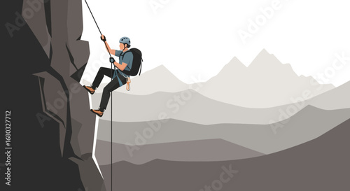 Adventurous Climber Rappelling Down a Rocky Cliff with Mountainous Background in Graphic Style