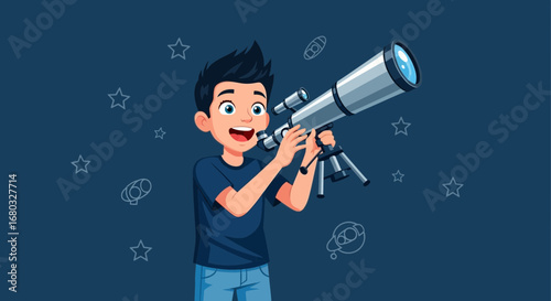 An excited boy exploring astronomy with a telescope under the starry cosmos