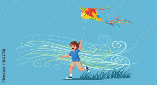 An Enjoyable Day: A Cheerful Youngster Flying A Vivid Kite In A Gentle Breeze