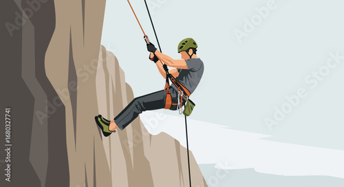 Adventurous Climber Rappelling Down Cliffside Illustration for Outdoor Activity