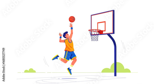 An illustrated basketball player shooting the ball towards the hoop during a game